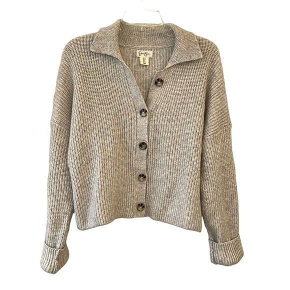 Fall Sweater Cropped Boxy Tan Brown Button Down Large Long Sleeve - Picture 1 of 10